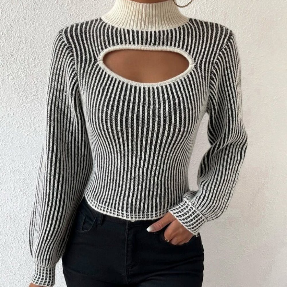 Striped Mock Neck Cut Out detail long sleeved knit Sweater top - Picture 2 of 6
